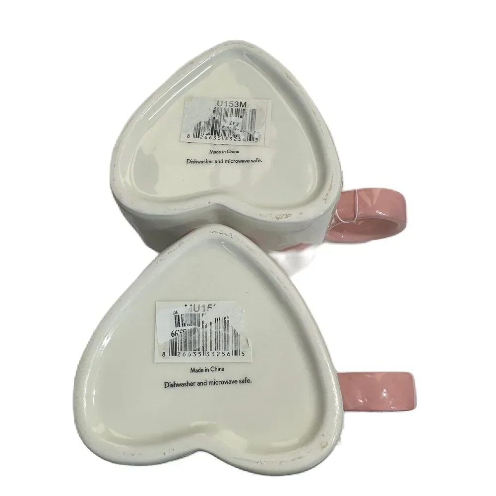 Heart Shape Pink/ White Ceramic Coffee Tea Mug, Painted by Hand 18OZ - Lot of 2